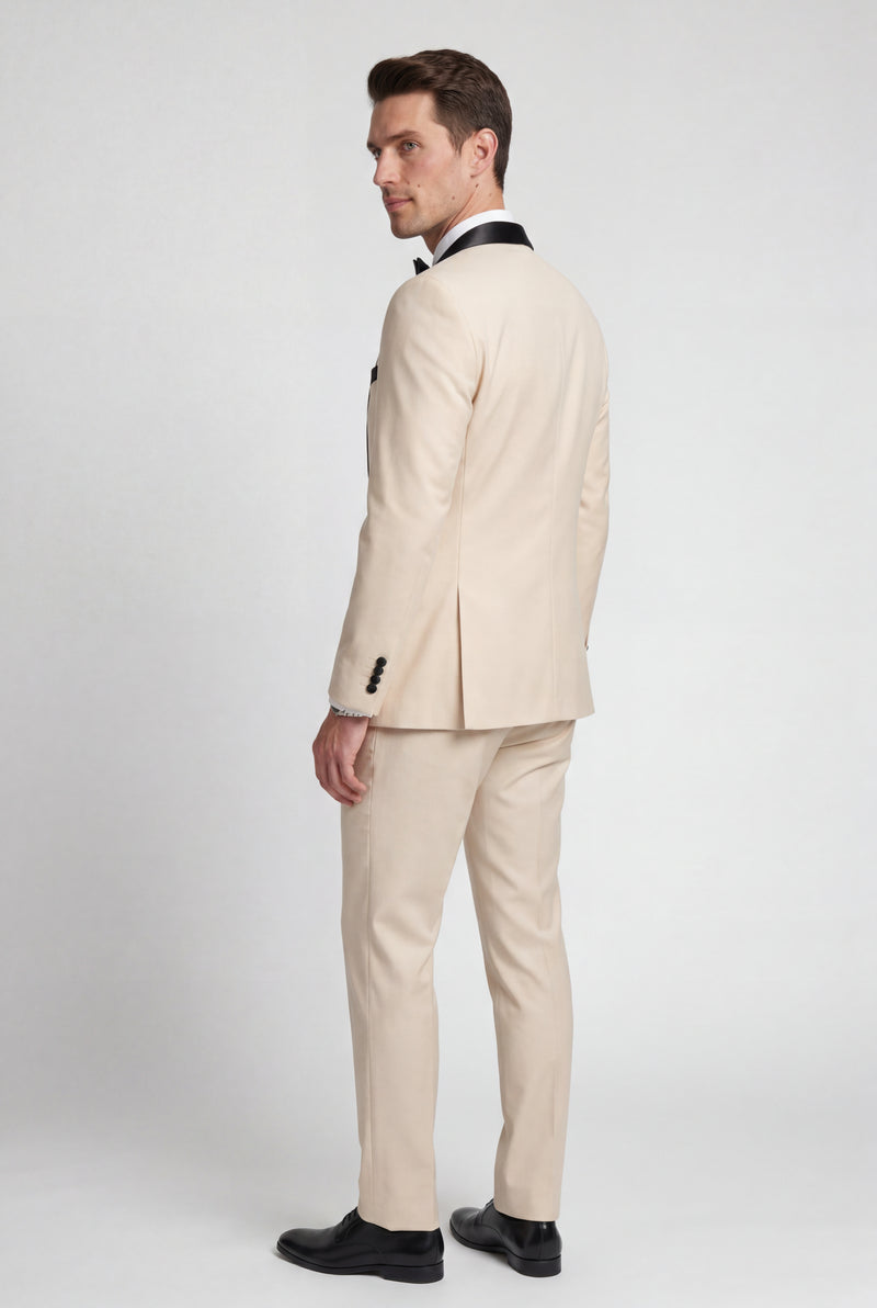 Beige Contrasting Shawl Lapel Tuxedo Suit - Wedding suit - Photo 2