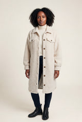 Beige Cream Longline Button-front Teddy Coat with Chest Pockets - Photo 1