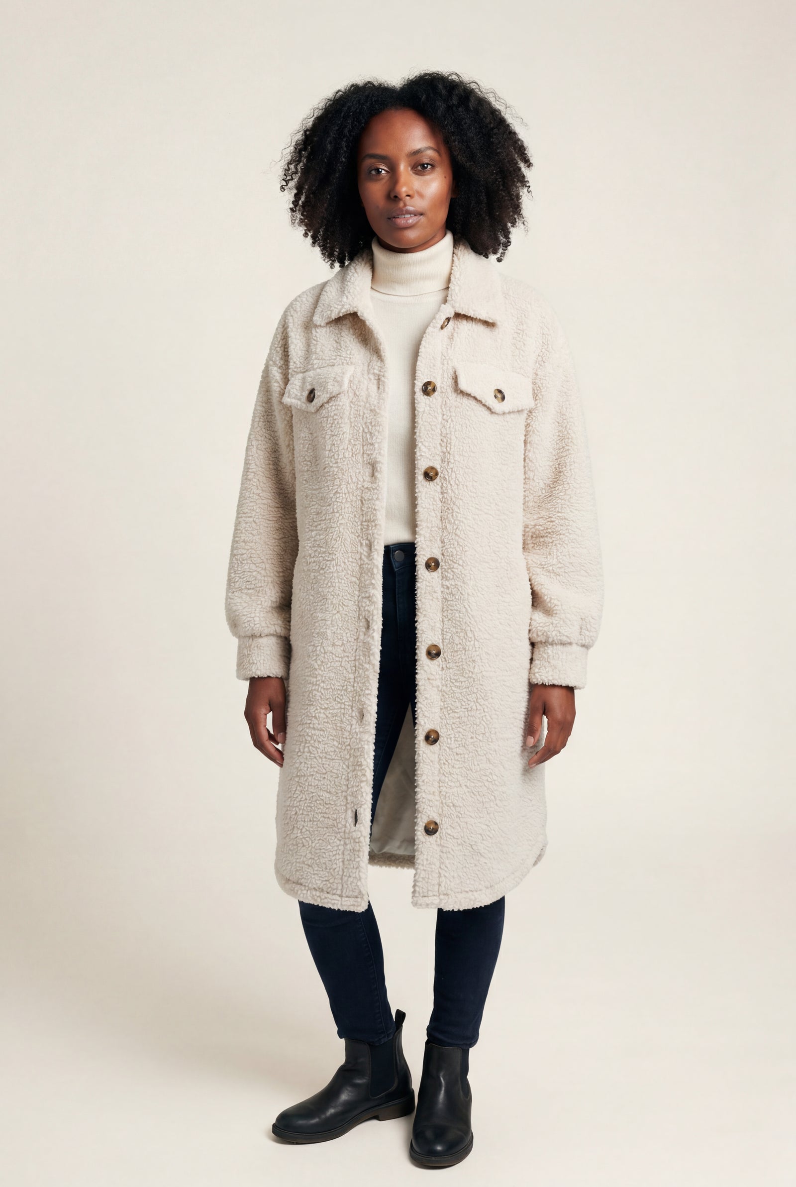 Beige Cream Longline Button-front Teddy Coat with Chest Pockets - Photo 1