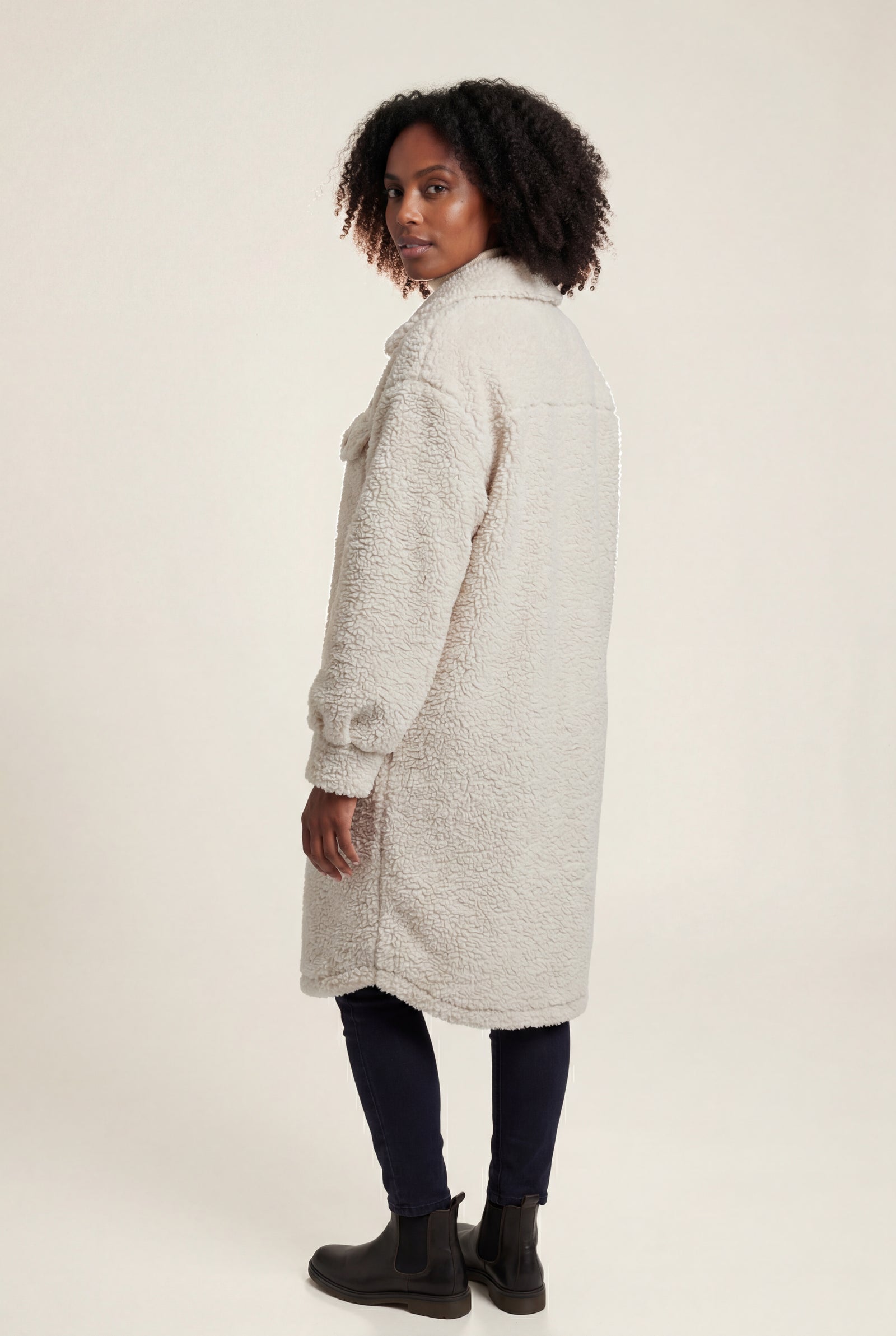 Beige Cream Longline Button-front Teddy Coat with Chest Pockets - Photo 2