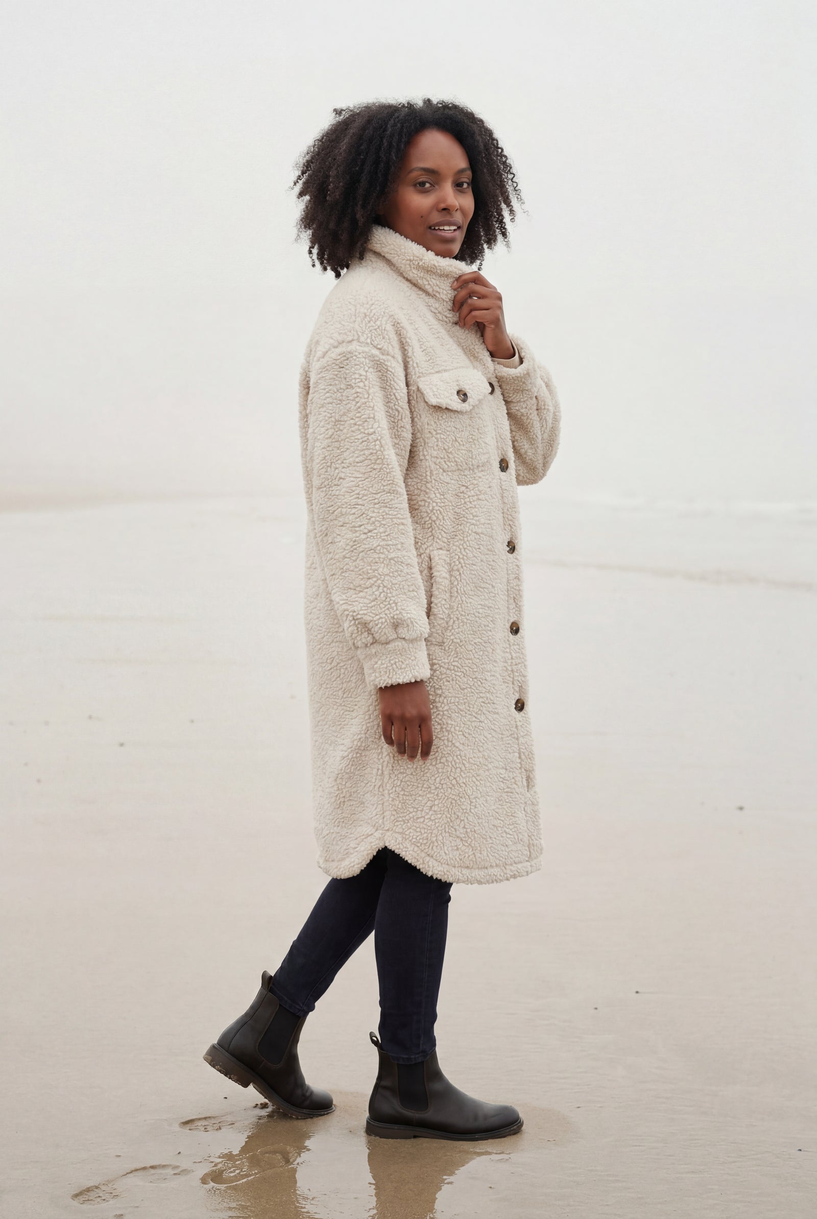 Beige Cream Longline Button-front Teddy Coat with Chest Pockets - Photo 4
