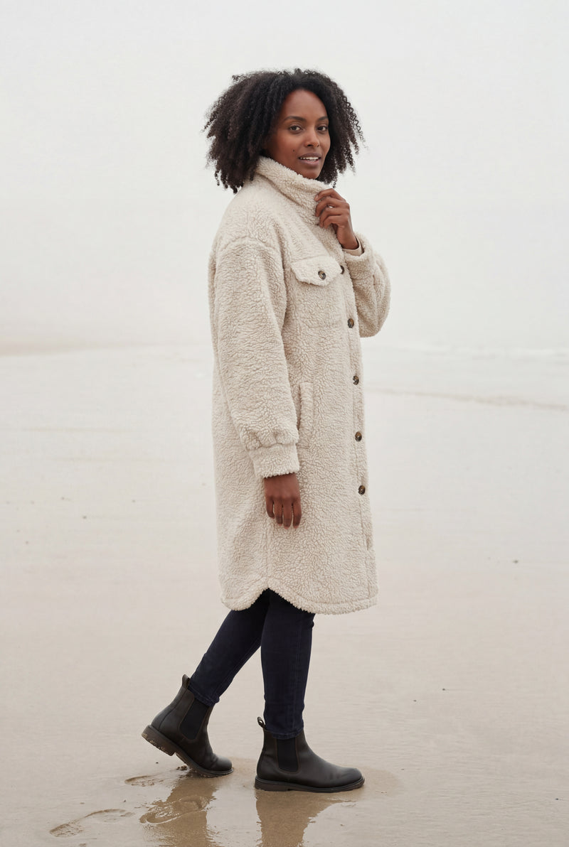 Beige Cream Longline Button-front Teddy Coat with Chest Pockets - Photo 4