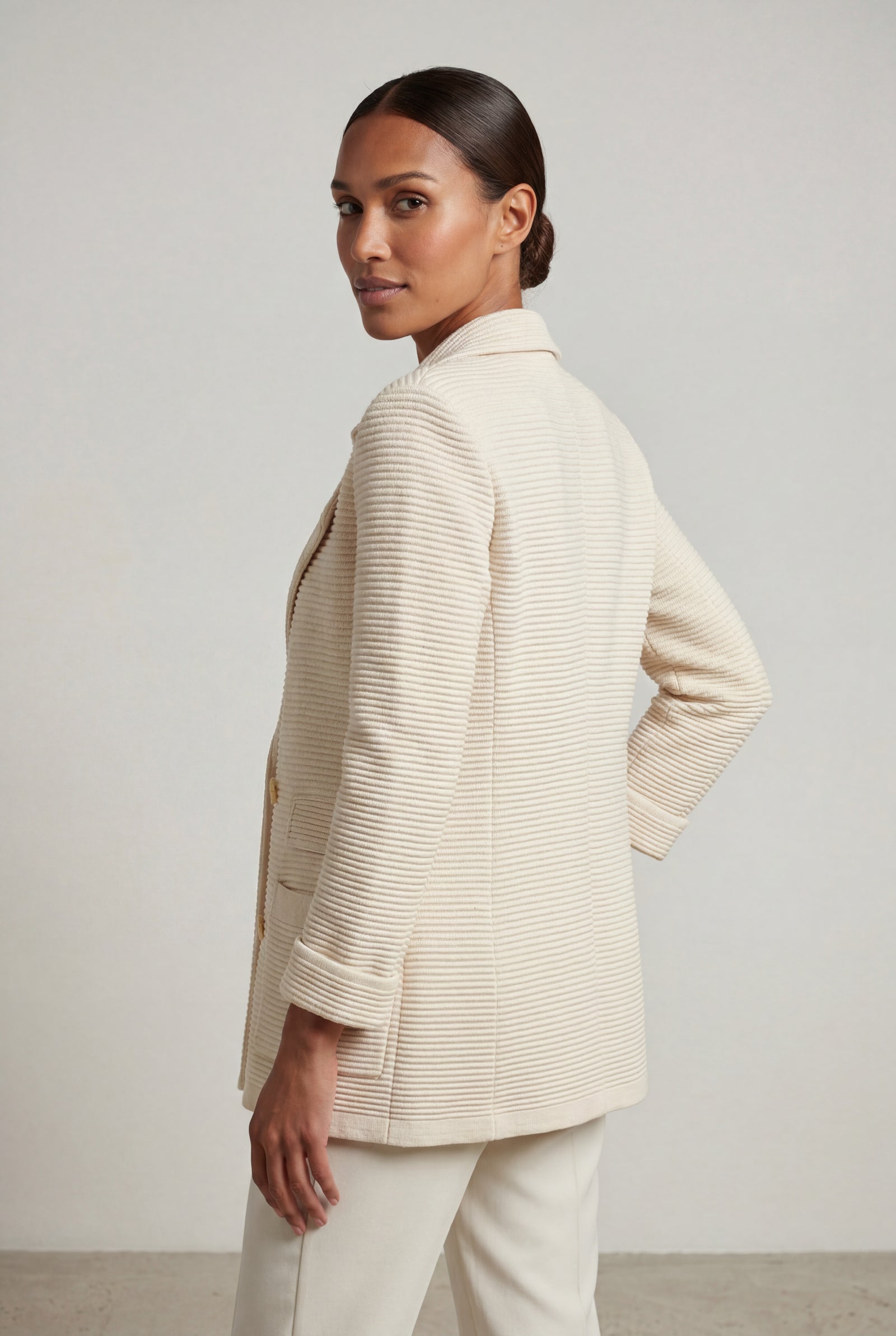 Beige Cream Textured Double-breasted Blazer with Gold Buttons - Knit blazers - Photo 2