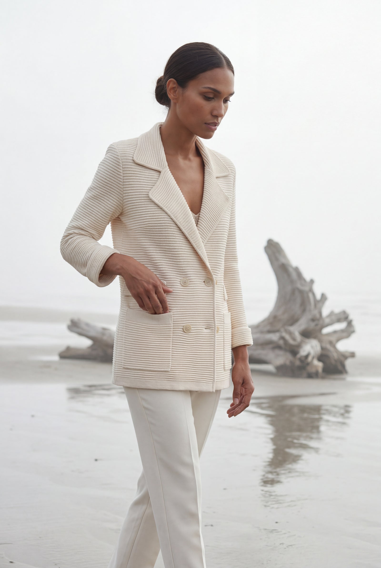 Beige Cream Textured Double-breasted Blazer with Gold Buttons - Knit blazers - Photo 4