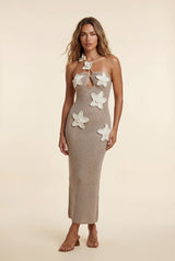 Beige Crochet Floral Applique Halter Maxi Dress - Photo 1