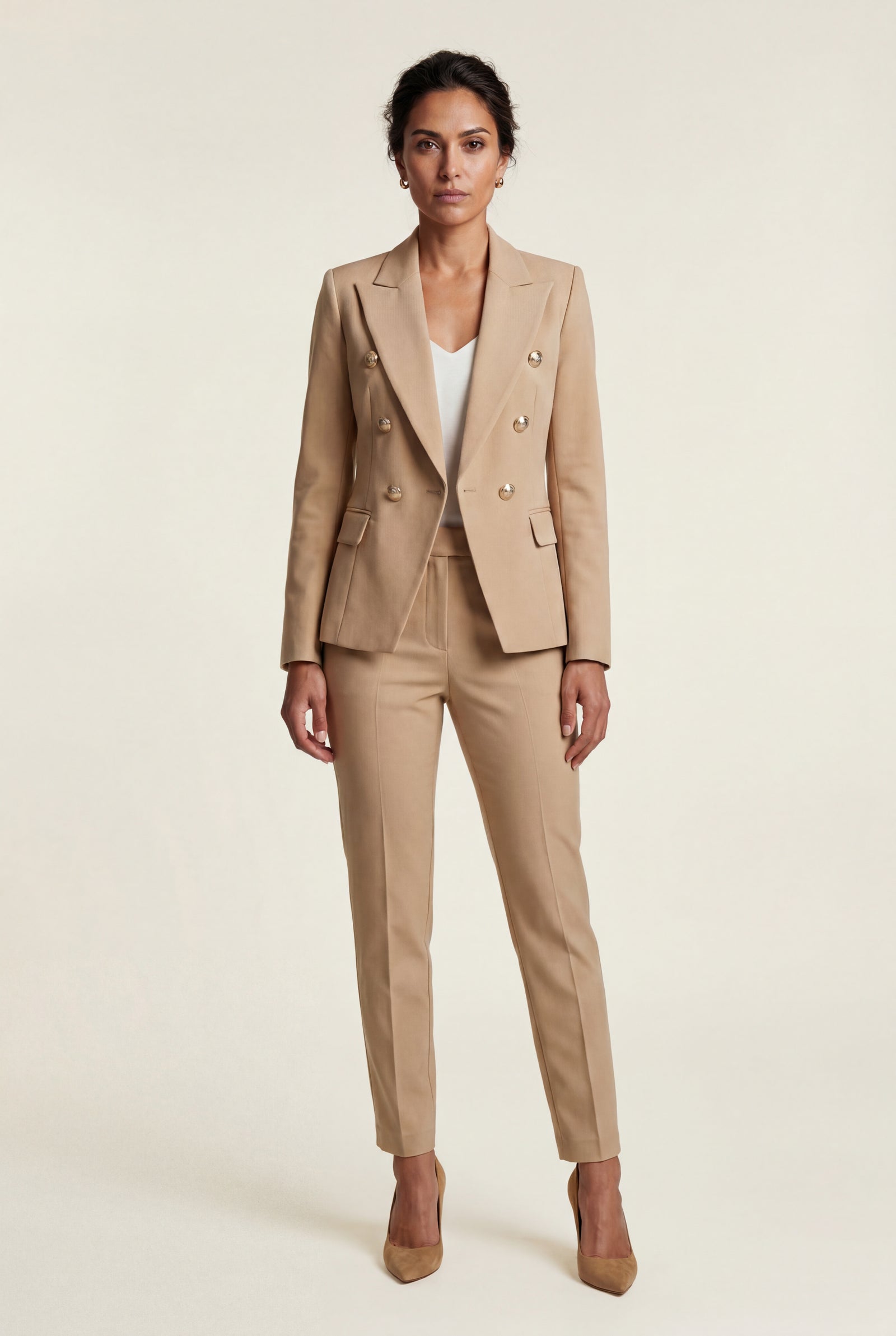 Beige Double-breasted Fitted Jacket and Slim Trouser Suit Set - Photo 35