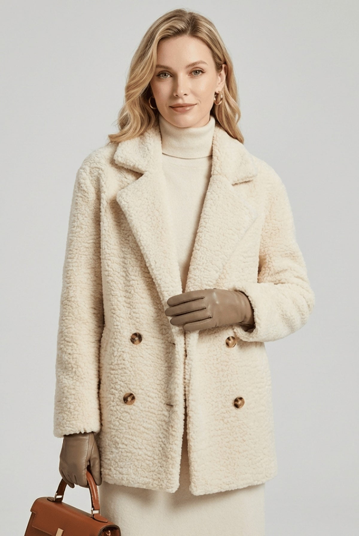 Double-Breasted Teddy Pea Coat in Beige — front view