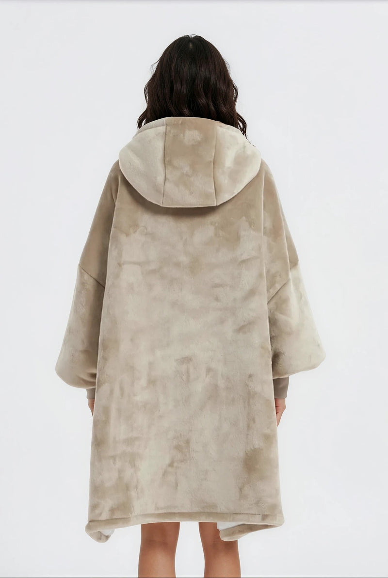 Double-Faced Fleece Blanket Hoodie in Beige — back