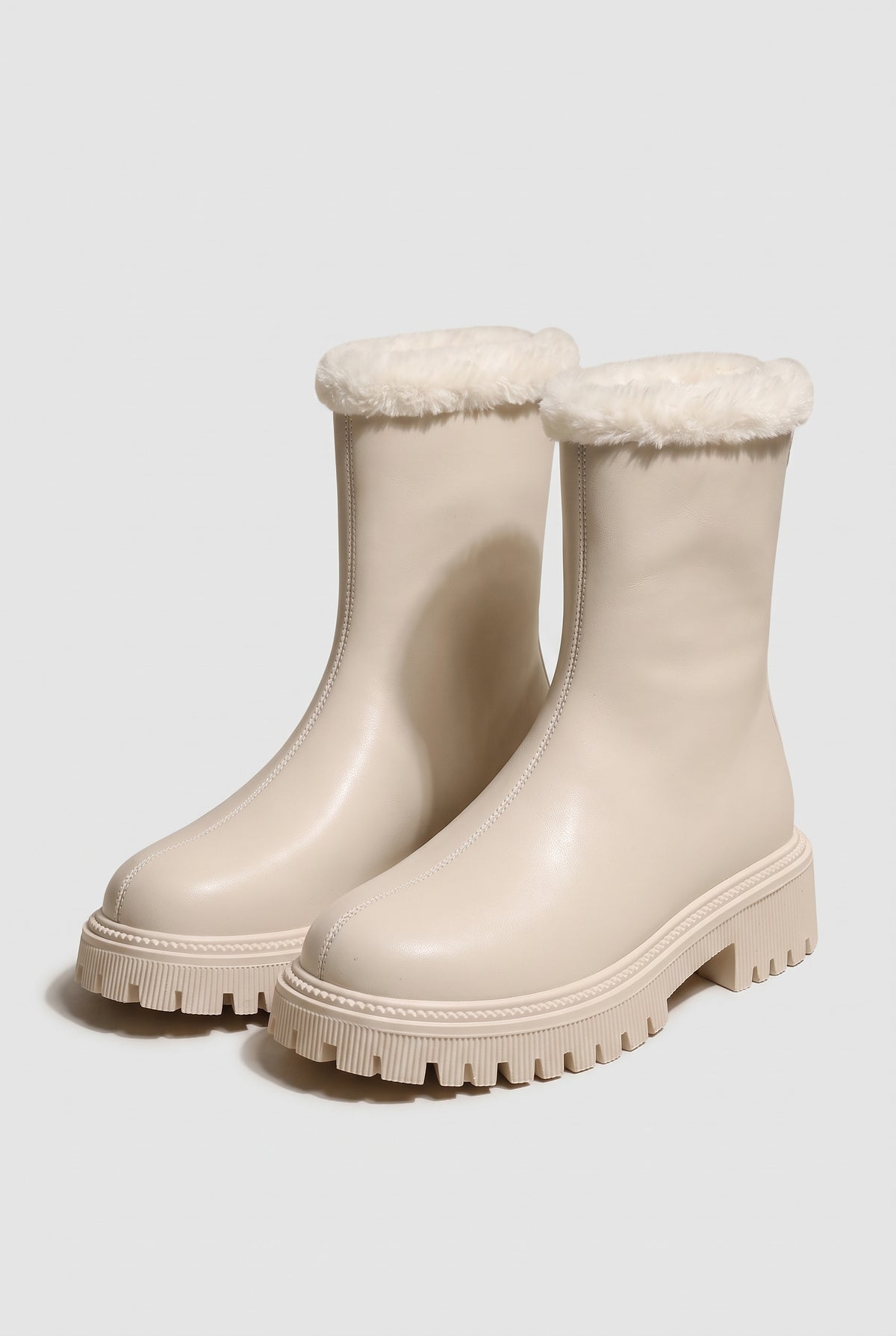 Faux-Fur Lined Ankle Boots in Beige — studio front