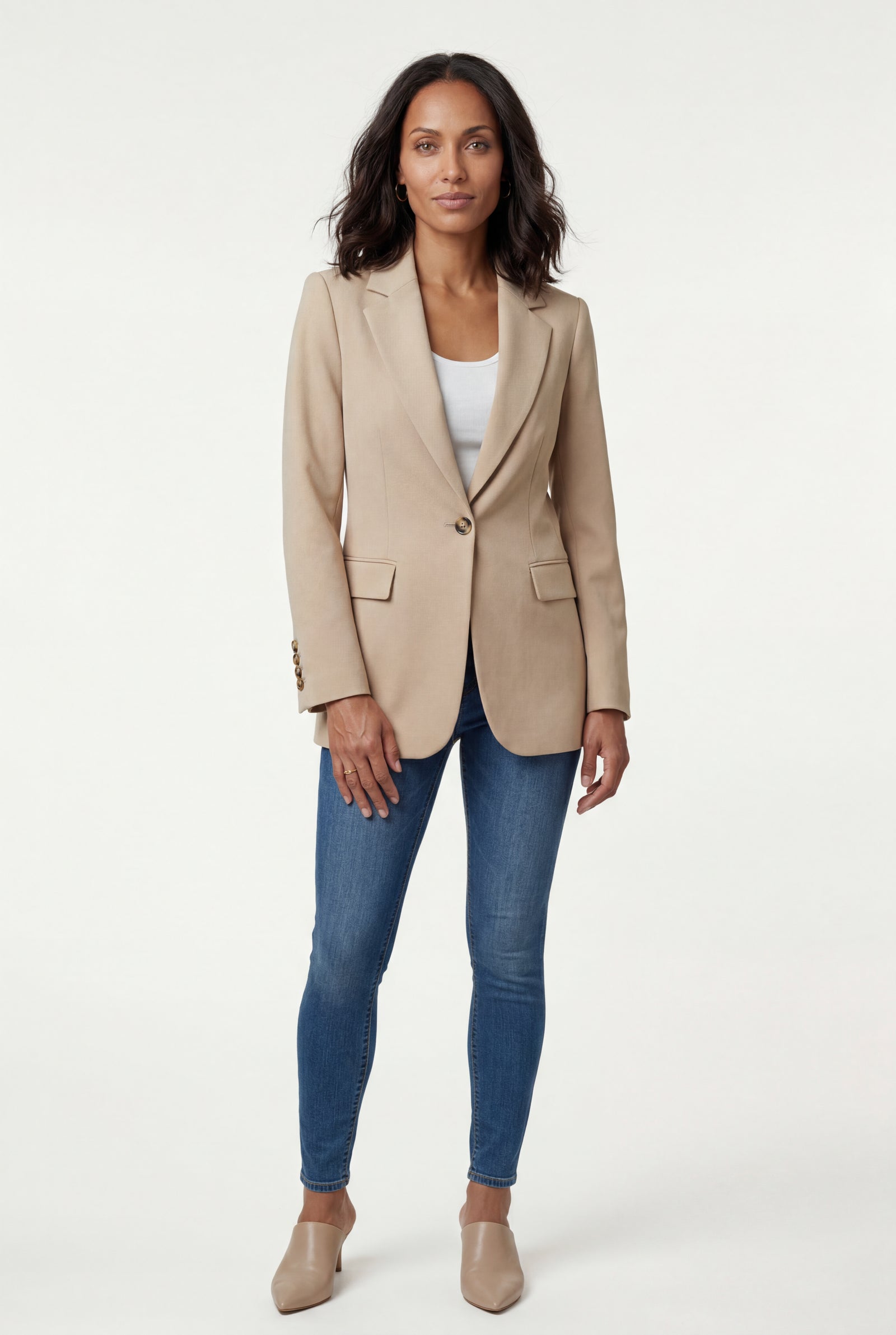 Beige Fitted Single-breasted Blazer with Classic Lapel - Blazers - Photo 2