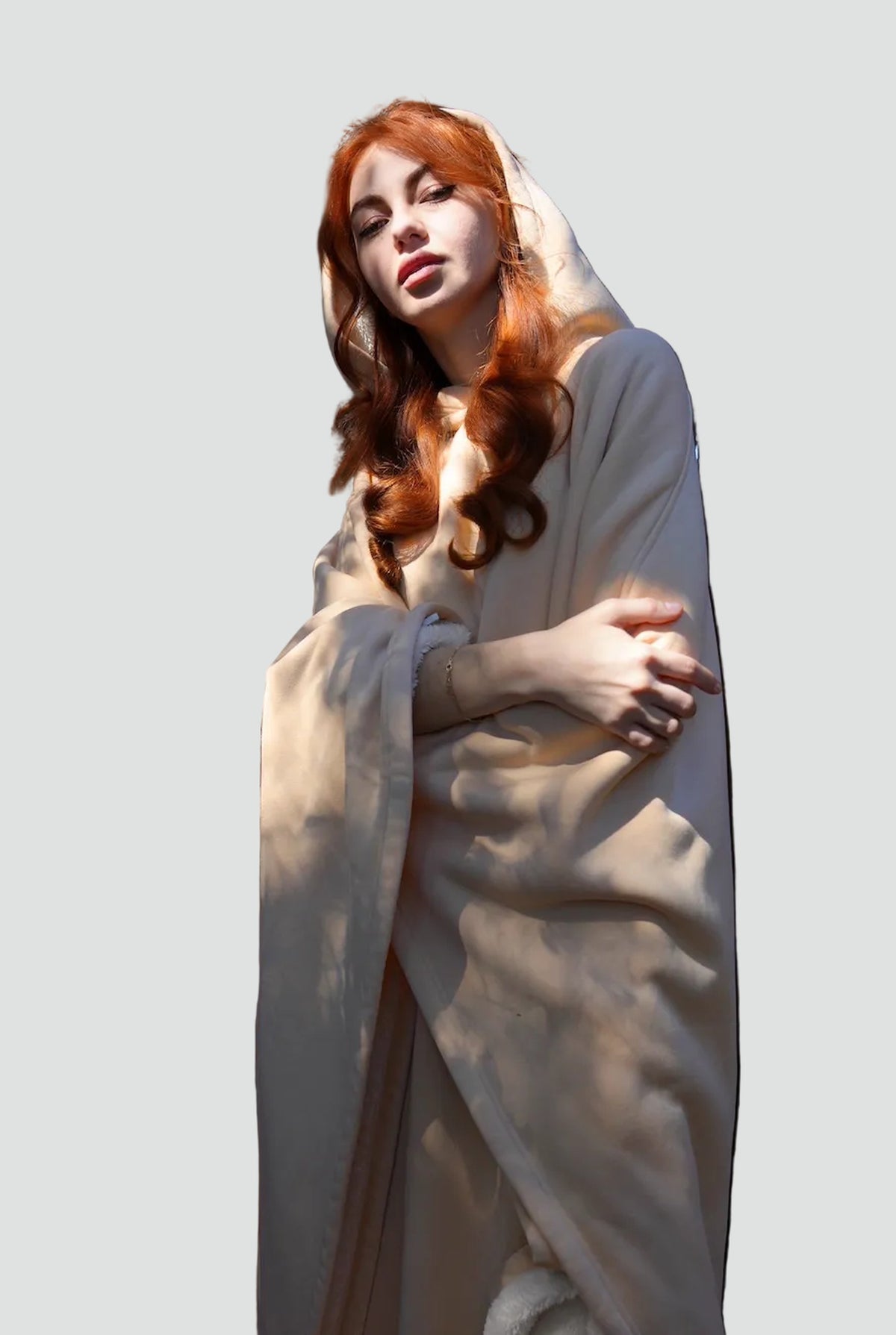 Fleece-Lined Hooded Blanket in Beige — side