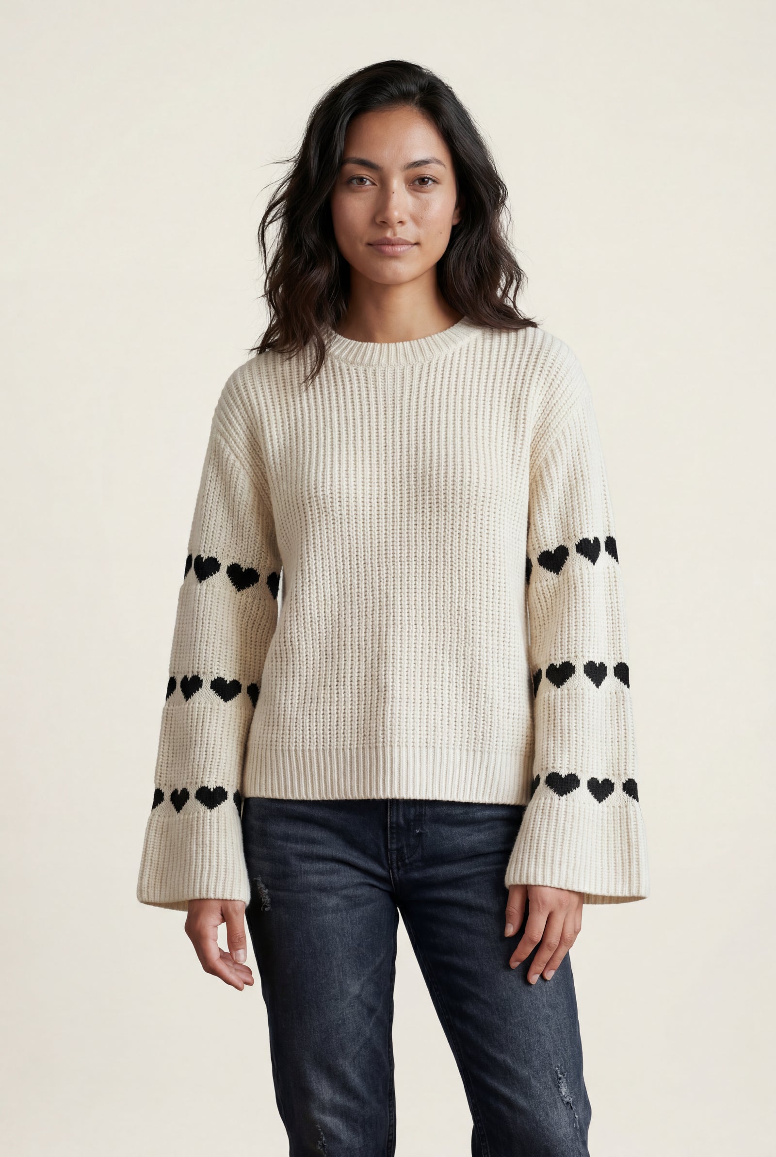 Beige Heart Motif Ribbed Bell Sleeve Sweater - Photo 2