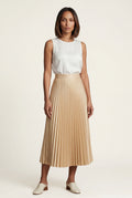 Beige High-waisted A-line Pleated Midi Skirt - Photo 25