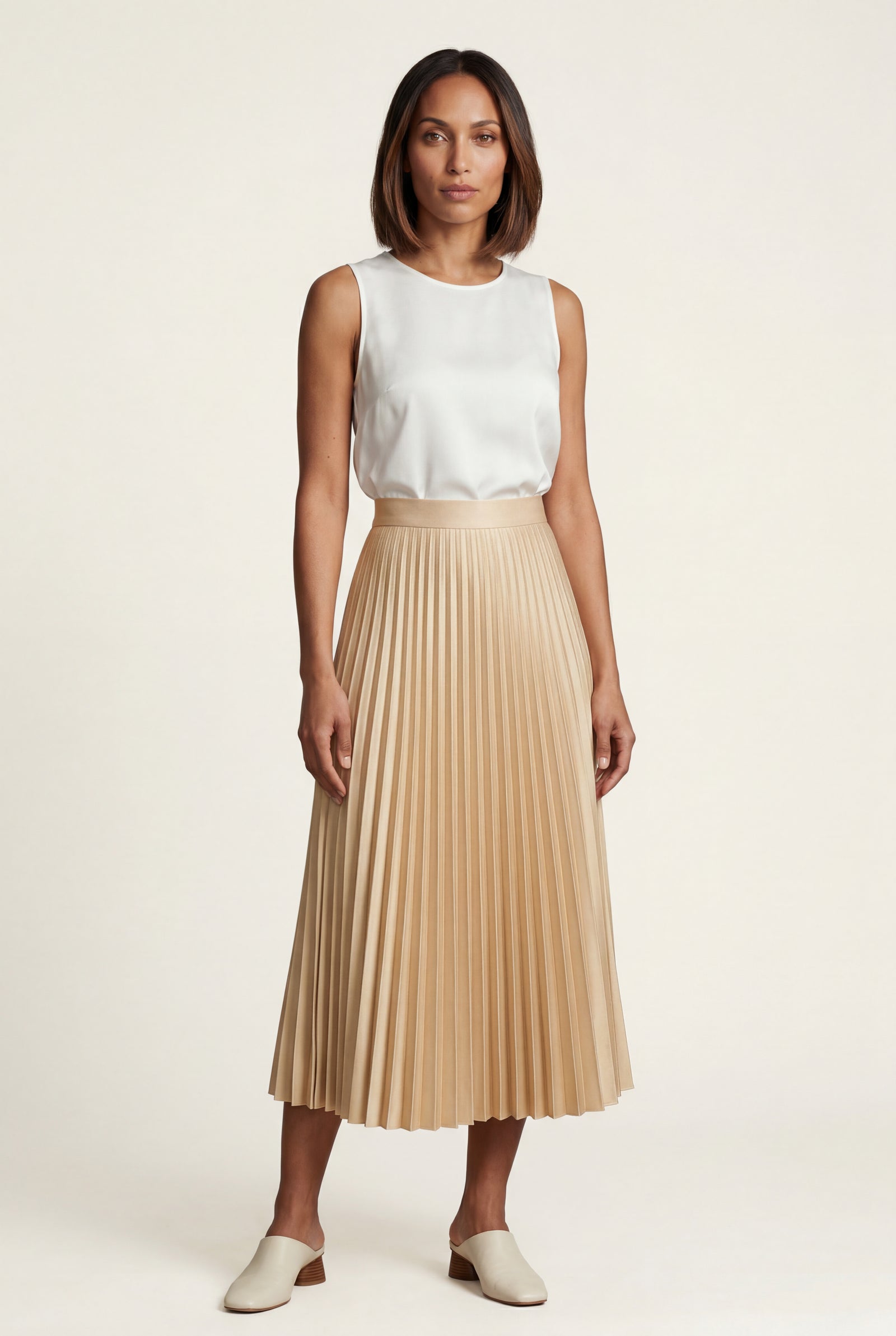 Beige High-waisted A-line Pleated Midi Skirt - Photo 25
