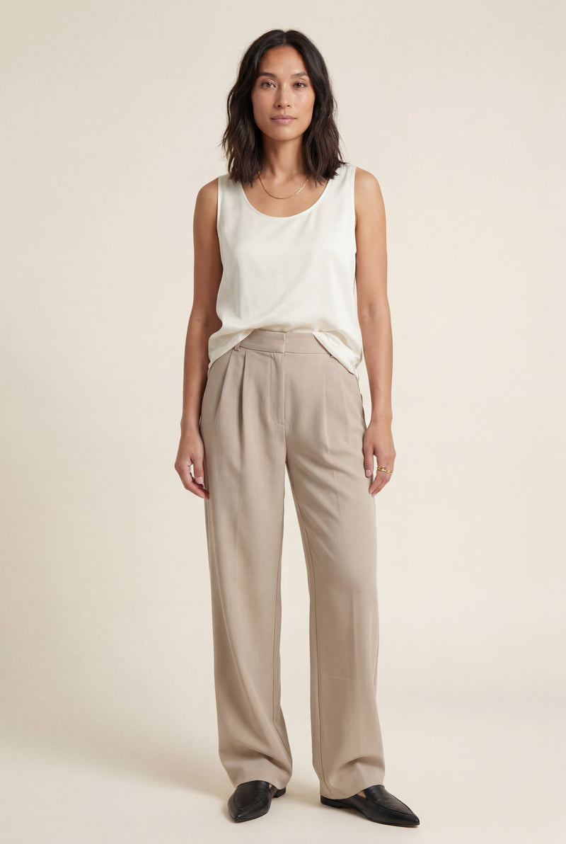 Beige High-waisted Pleated Tapered Trousers with Tailored Waistband - Photo 1