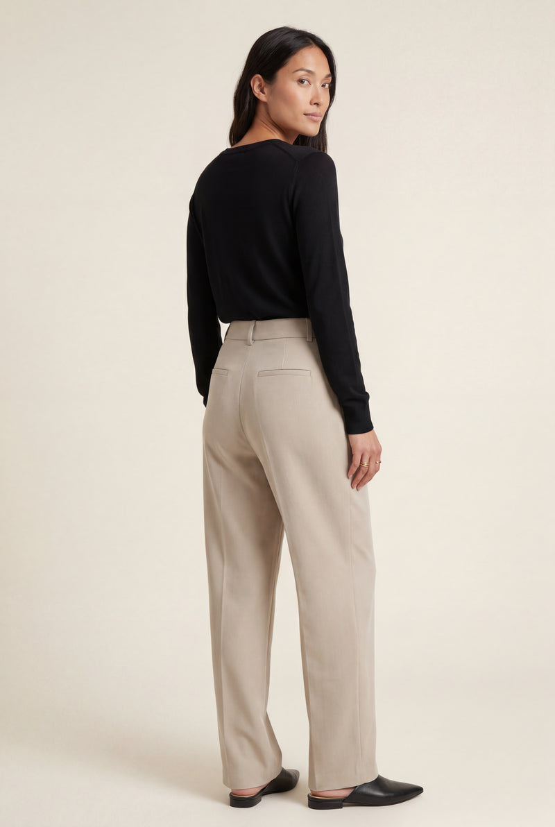 Beige High-waisted Pleated Tapered Trousers with Tailored Waistband - Photo 3