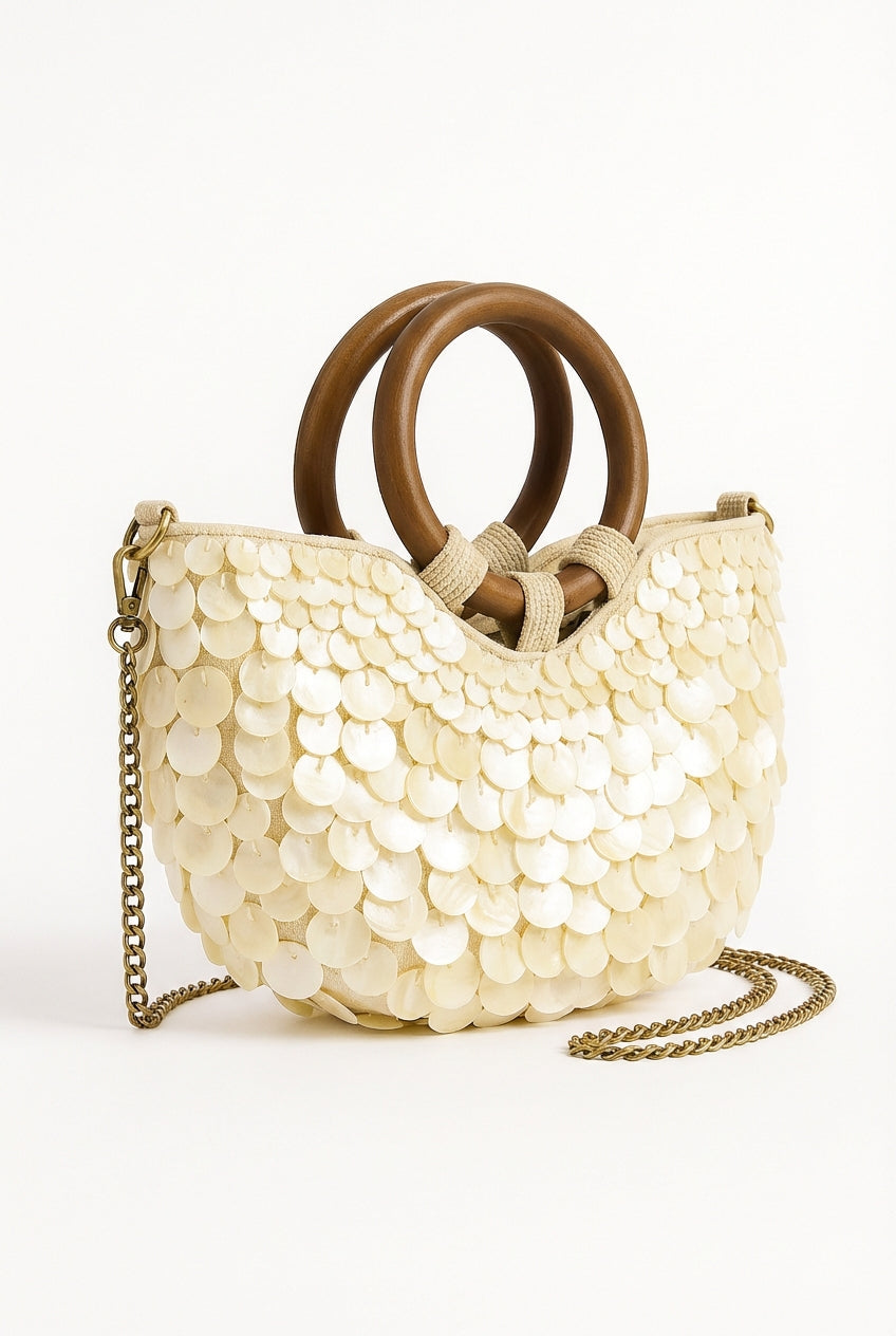 Beige Ivory Sculptural Mini Handbag with Wooden Handles - Sculptural handbags - Photo 1