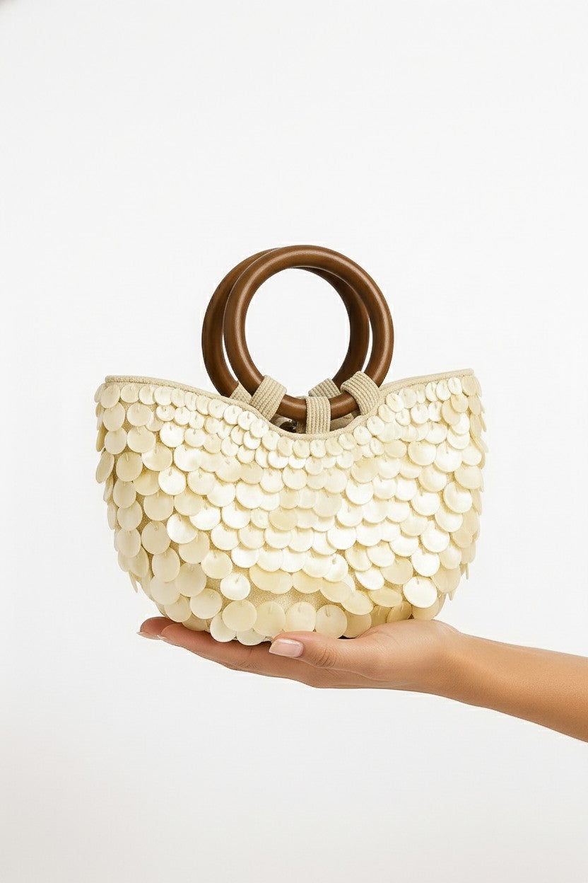 Beige Ivory Sculptural Mini Handbag with Wooden Handles - Sculptural handbags - Photo 2