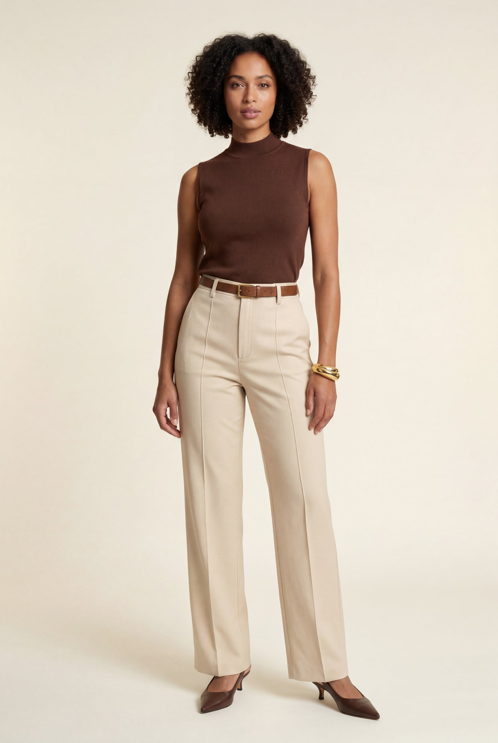 Beige Light Beige High-waisted Straight-leg Tailored Trousers - Palazzo pants - Photo 1