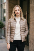 Lightweight Quilted Puffer Jacket in Beige — studio front
