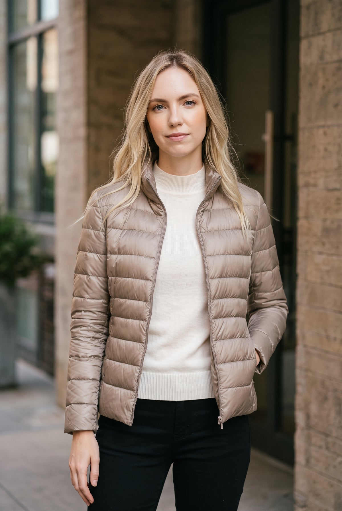 Lightweight Quilted Puffer Jacket in Beige — studio front