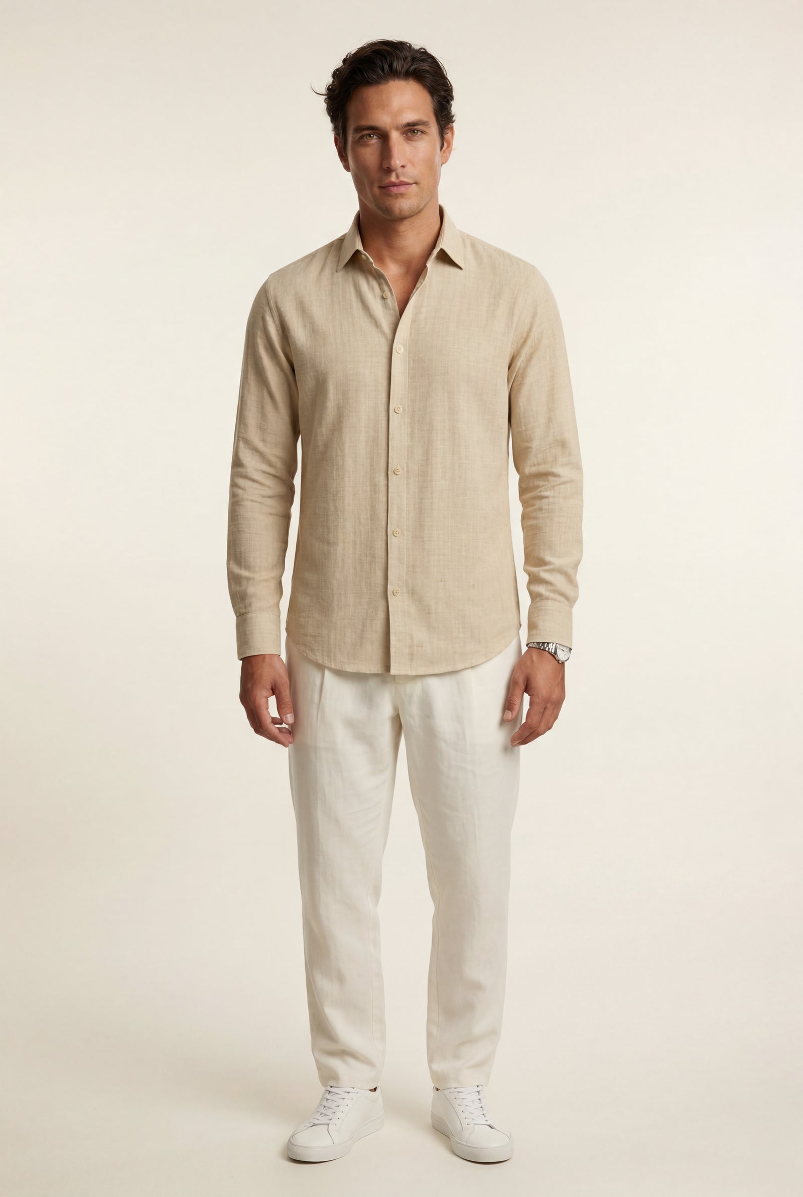 Beige Lightweight Textured Regular Fit Long Sleeve Shirt - Casual Shirts - Photo 8