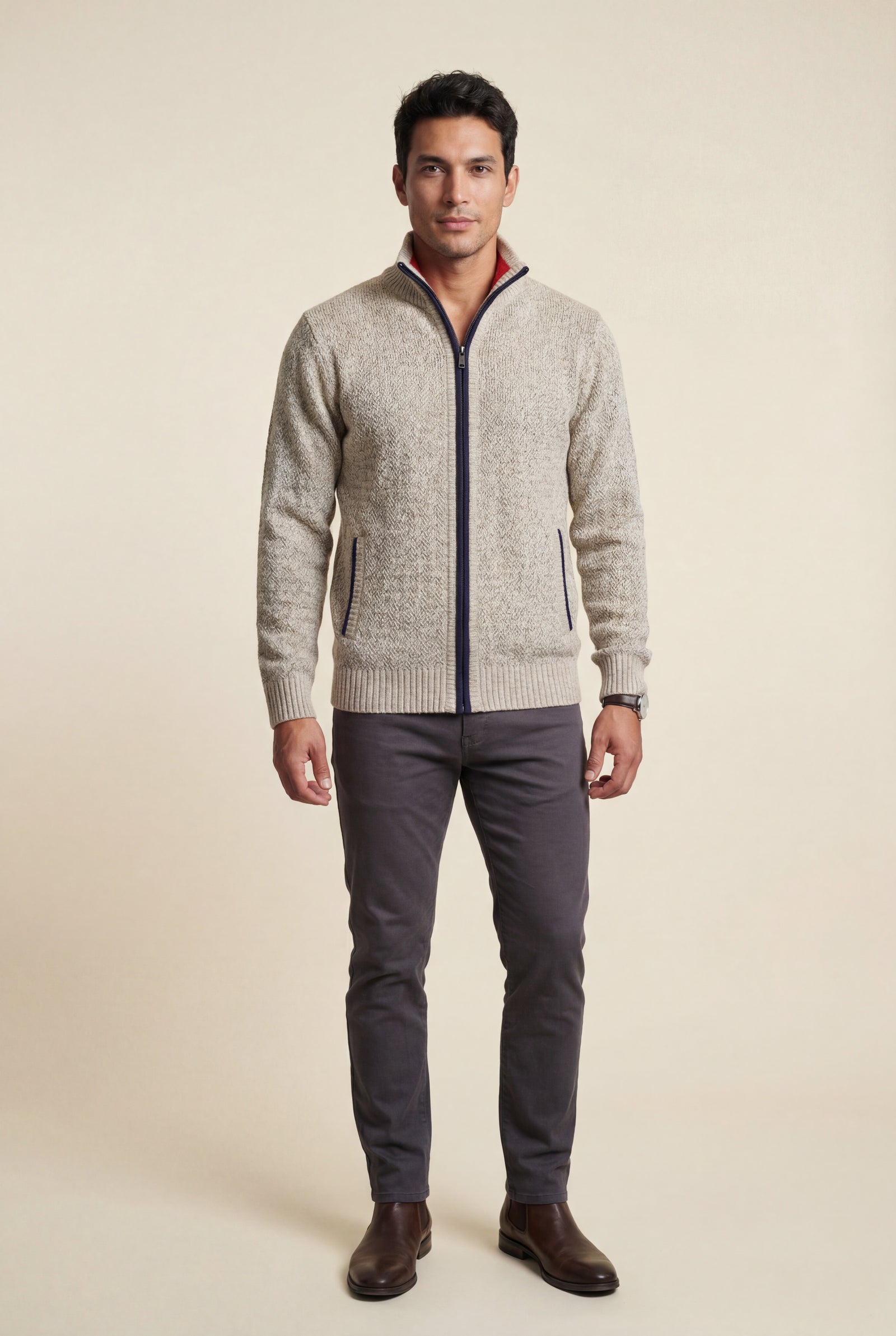 Beige Marled Full-zip Mock Neck Cardigan with Ribbed Trim - Gilet - Photo 1