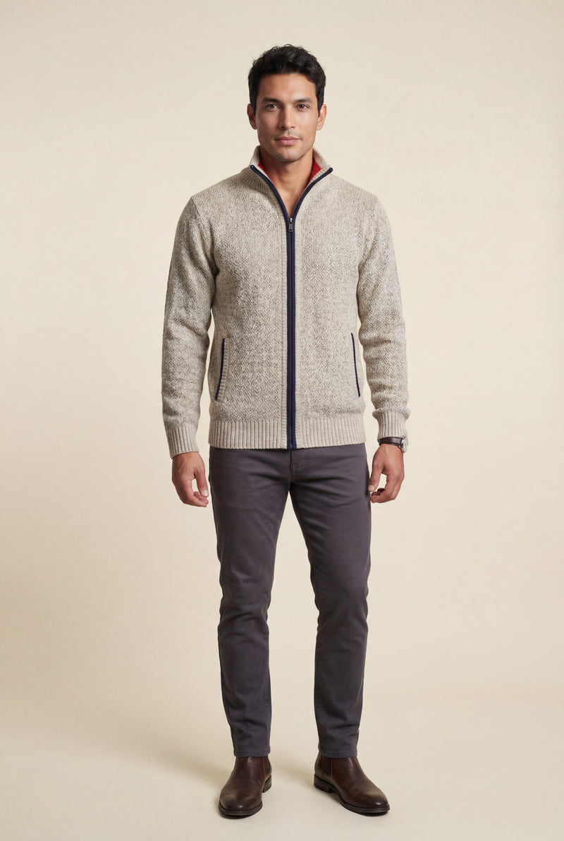 Beige Marled Full-zip Mock Neck Cardigan with Ribbed Trim - Gilet - Photo 1