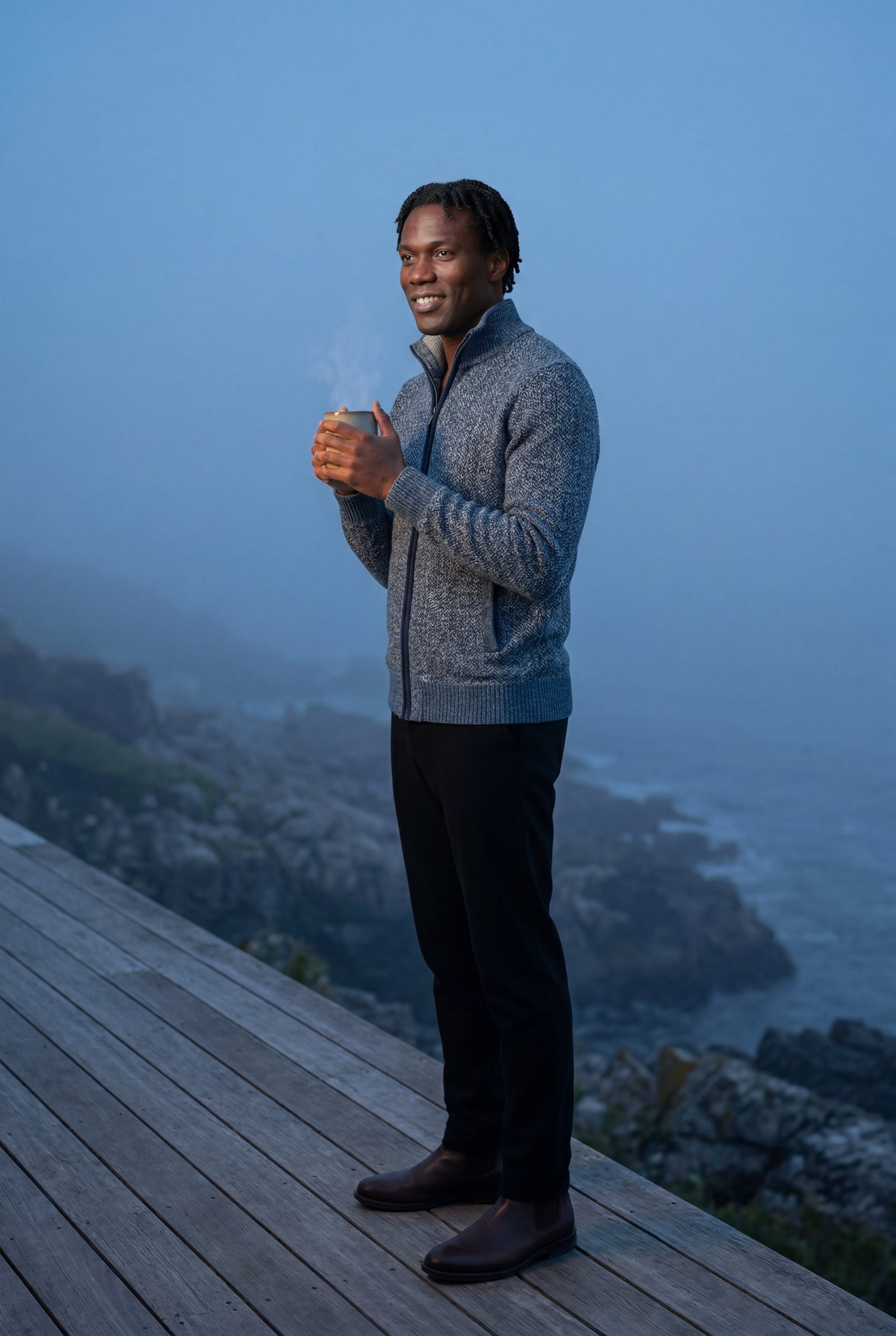 Blue Marled Full-zip Mock Neck Cardigan with Ribbed Trim - Gilet - Photo 13