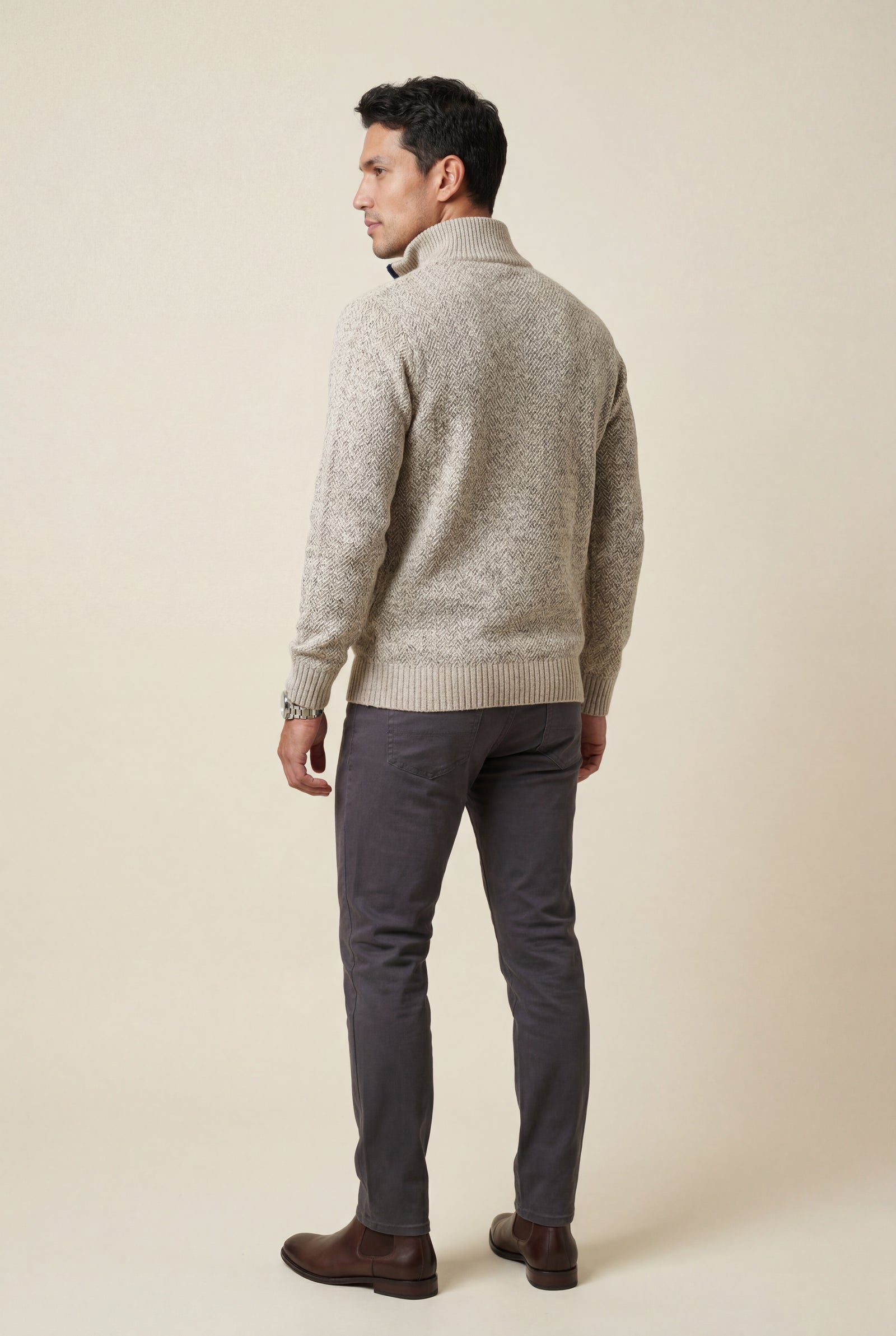 Beige Marled Full-zip Mock Neck Cardigan with Ribbed Trim - Gilet - Photo 3