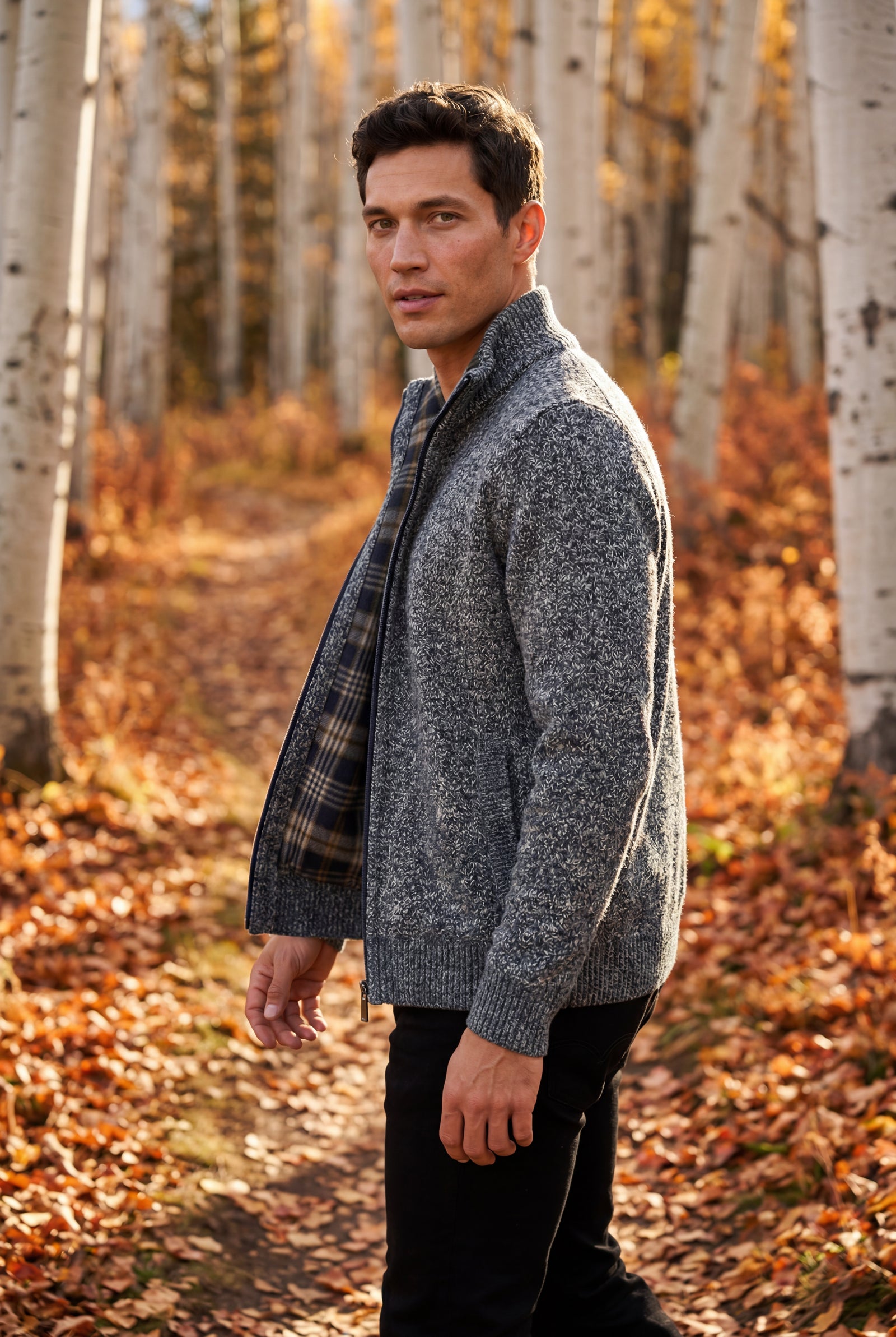 Dark Gray Marled Full-zip Mock Neck Cardigan with Ribbed Trim - Gilet - Photo 9