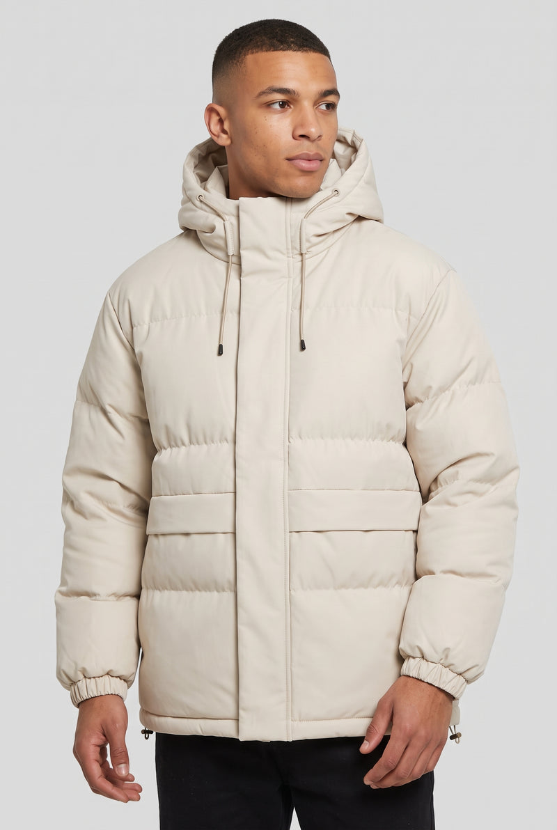 Matte Finish Hooded Puffer Jacket in Beige — studio front