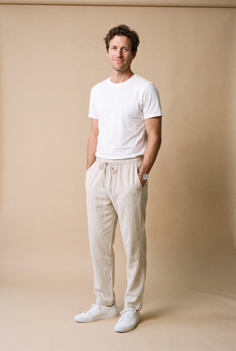 Men Pants Slim Fit Elastic Waist in Beige — studio full body