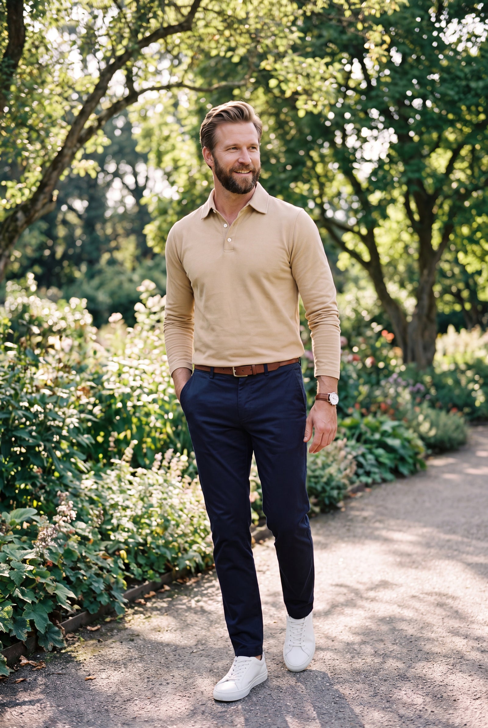 Men Polo Shirt Long Sleeve Slim Fit in Beige — secondary lifestyle