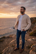 Men's Cardigan Zip Front with Pockets in Beige — lifestyle seaside