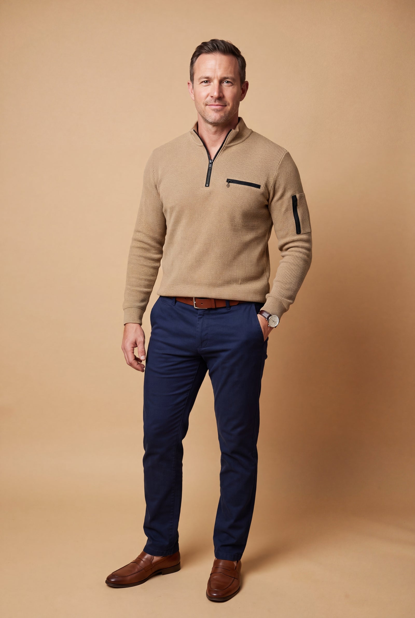 Men's Sweater Half-Zip Stand Collar in Beige — studio shot