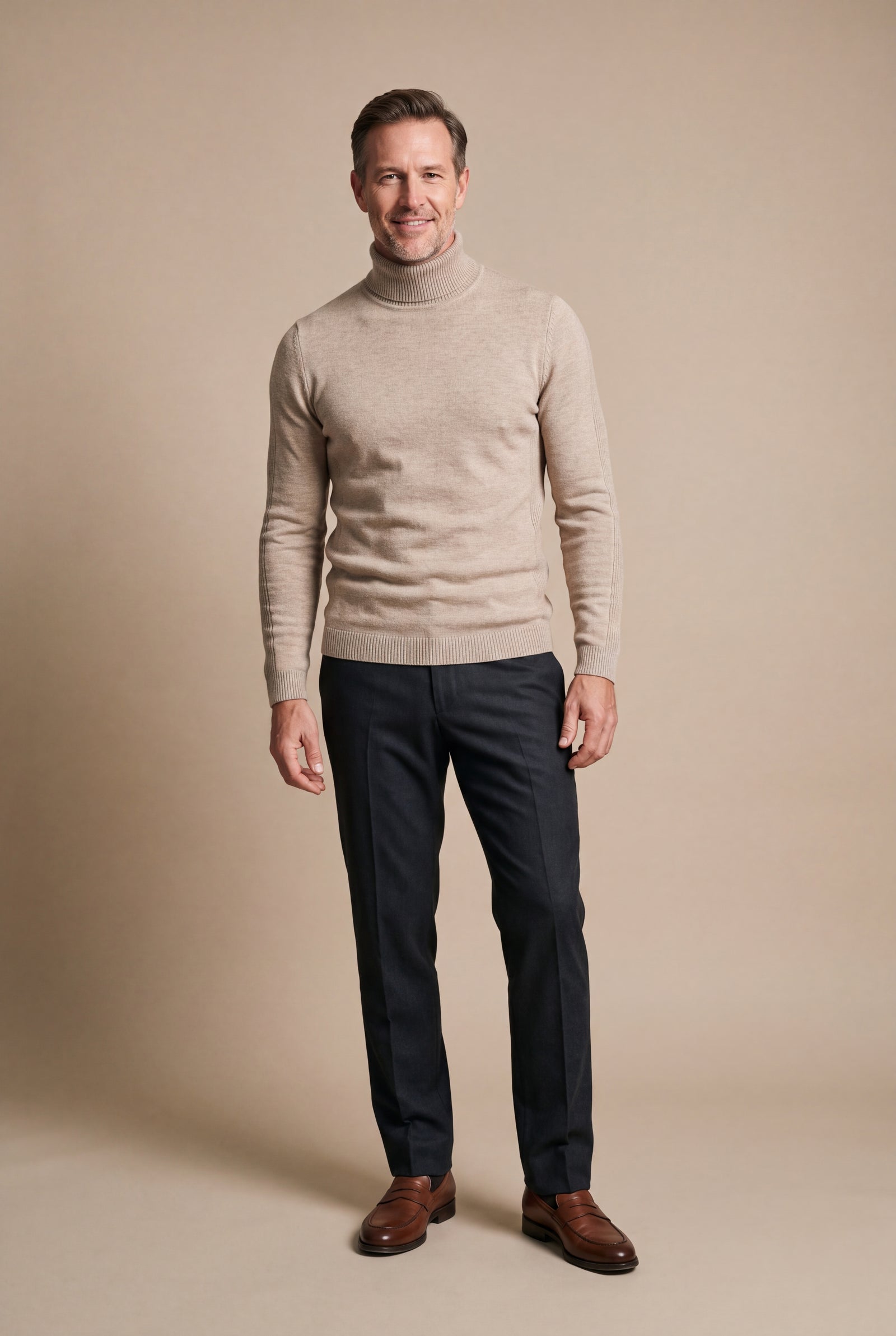 Men's Sweater Turtleneck Classic Fit in Beige — studio front