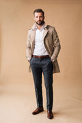Men's Trench Coat Long Classic in Beige — studio front full body