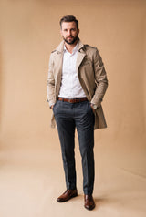 Men's Trench Coat Long Classic in Beige — studio front full body