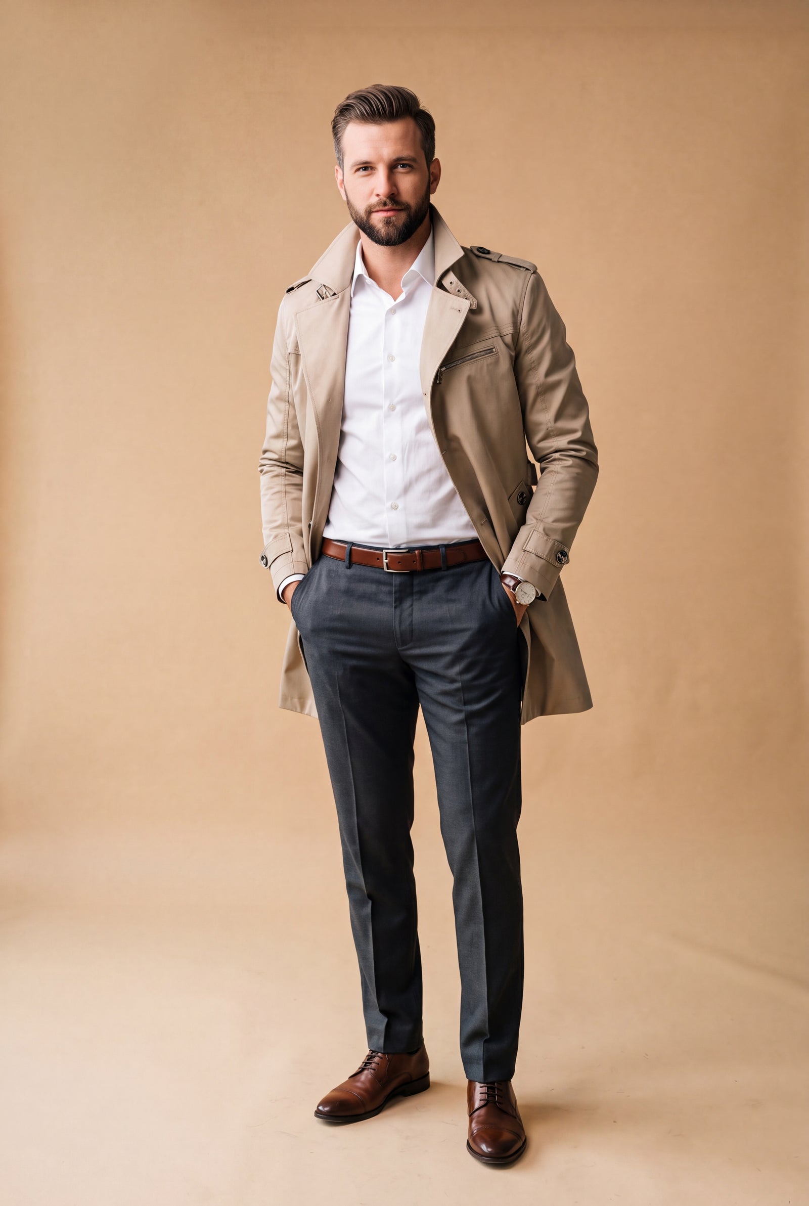Men's Trench Coat Long Classic in Beige — studio front full body