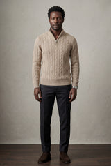 Beige Men's Cable Mock Neck Half Zip Sweater - Mock neck sweater - Photo 17