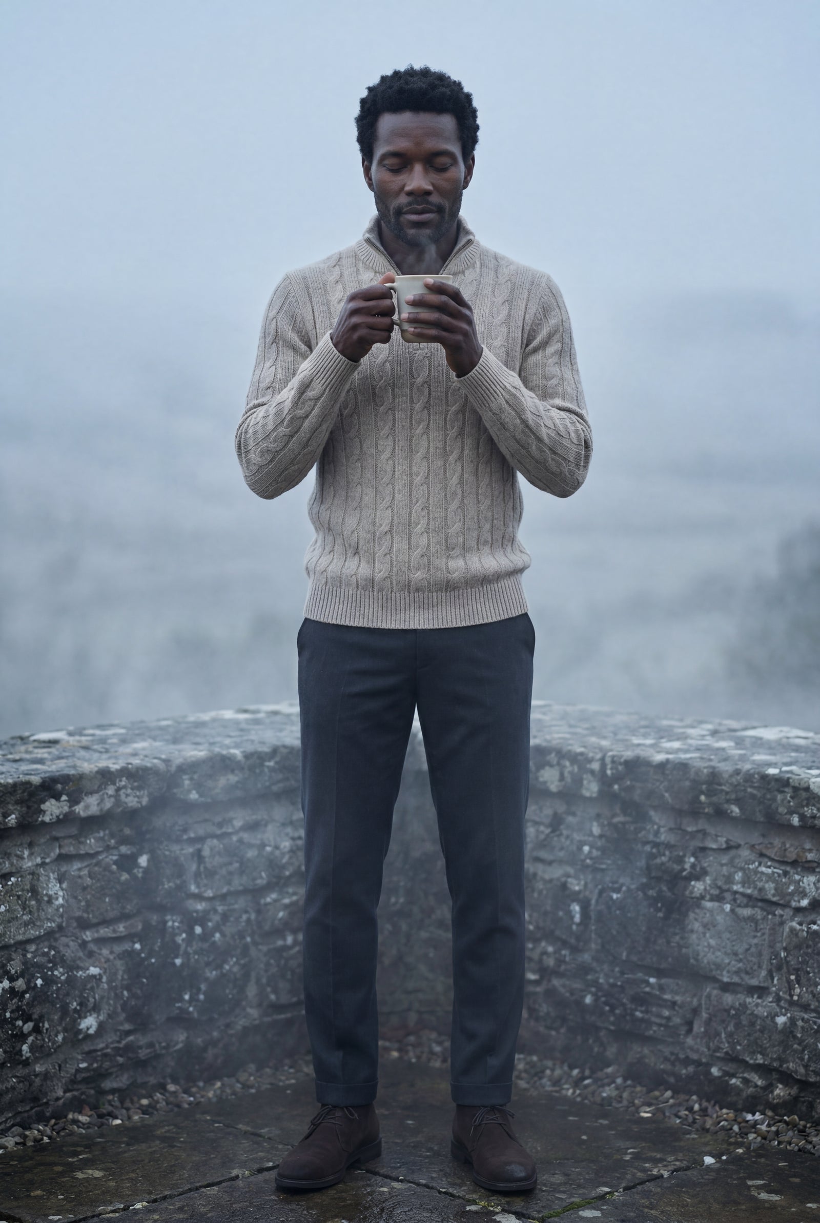 Beige Men's Cable Mock Neck Half Zip Sweater - Mock neck sweater - Photo 20