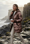 Brown Metallic Quilted Hooded Mid-length Puffer Jacket - Quilted jackets - Photo 5