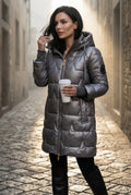 Gray Metallic Quilted Hooded Mid-length Puffer Jacket - Quilted jackets - Photo 6
