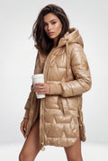 Beige Metallic Quilted Hooded Mid-length Puffer Jacket - Quilted jackets - Photo 8