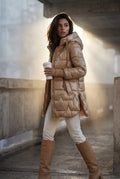 Beige Metallic Quilted Hooded Mid-length Puffer Jacket - Quilted jackets - Photo 9