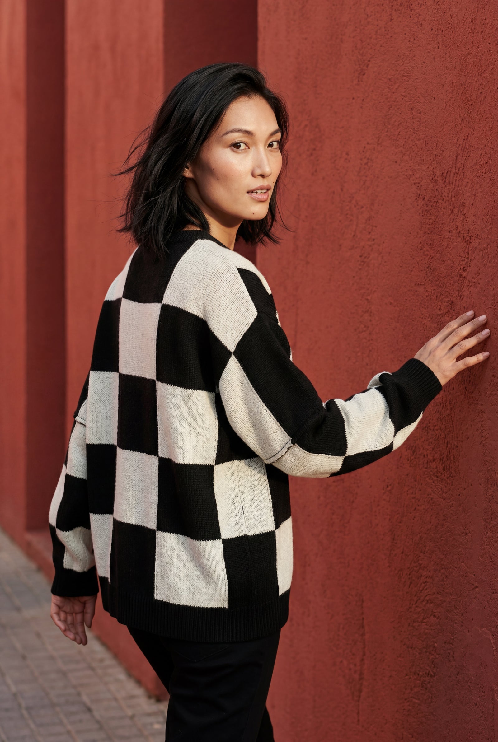 Black Oversized Checkered Crewneck Chunky Sweater - Oversized sweater - Photo 25