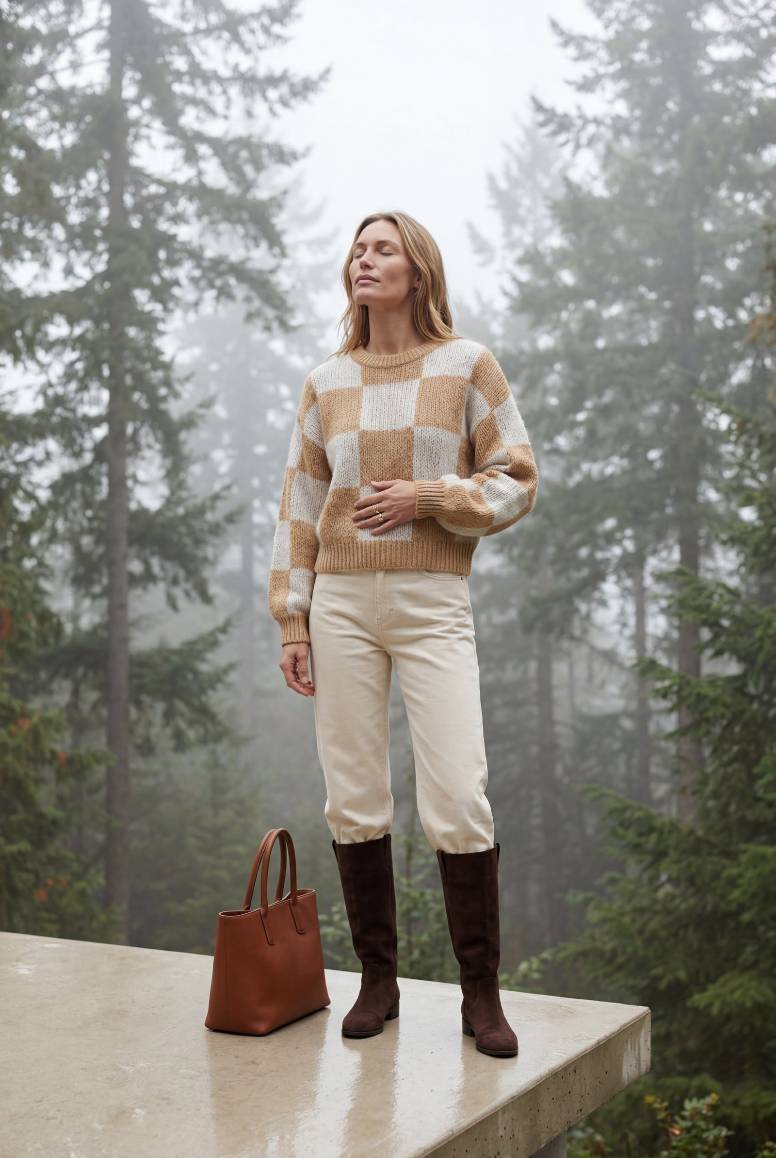 Beige Oversized Checkered Crewneck Chunky Sweater - Oversized sweater - Photo 5
