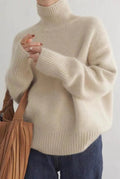 Oversized Ribbed Turtleneck Sweater in Beige — detail