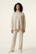 Beige Oversized Ribbed Turtleneck Sweater with High-low Hem - Photo 1